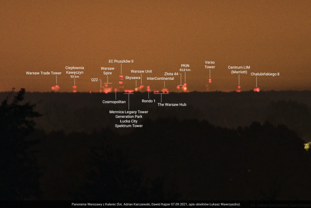 Panorama Warszawy z Kalenic (fot. Adrian Karczewski, Dawid Kajzer 07.09.2021, opis obiektów Łukasz Wawrzyszko).