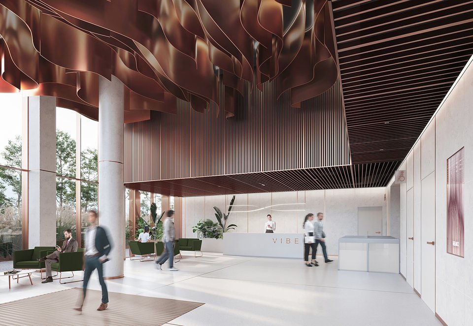 Lobby w biurowcu VIBE, wizualizacja